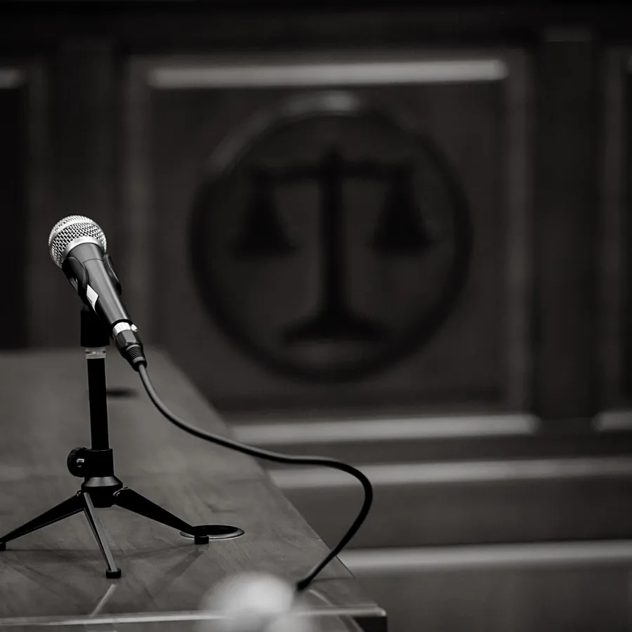 Expert witness testimony — microphone before the scales of justice